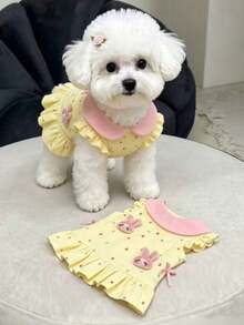 1pc Pet Dog Clothes Spring/Autumn Sweet Cute Flutter Sleeve Princess Dress For Teddy Bichon Pomeranian Small/Medium Dogs, Dog Flutter Sleeve Lace Princess Dress For Teddy Bichon Small Dogs, Stylish 3D Cute Rabbit Dress - Yellow - View 5