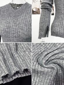 Autumn/Winter New Korean Style V-Neck Ribbed Long Sleeve Knit Inner Layer Base Layer Sweater, Slim Fit, Flattering, Versatile Top - Grey - View 7
