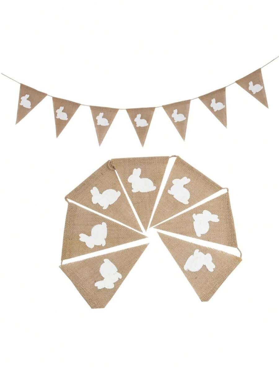2.9m (7pcs) White Rabbit Triangle Bunting Banner, Rustic Linen Decorative Garland, Suitable For Garden Decor, Indoor Decor Banner, Theme Party, Birthday And Family Gathering Props, Outdoor Party Backdrop, Halloween Decoration - A - View 1