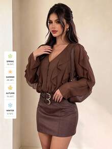 Camisa beige versátil, casual y de oficina con volantes asimétricos y semitransparentes, adecuada para citas, uso diario, vacaciones en la playa. Los volantes añaden suavidad, se puede combinar con vaqueros para looks festivos y con faldas para ir a la oficina de manera elegante. - Marrón - Ver 6