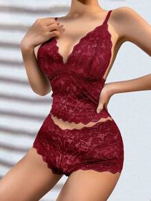 Women Floral Lace Camisole Bra Set - Burgundy - View 5