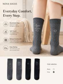 1/2 Paar Damen Minimalistische lächelndes Gesicht Buchstaben AB asymmetrische Mittellänge Socken, lächelndes Gesicht englischer Slogan, minimalistischer Stil, weich und hautfreundlich, geeignet für den Alltag in der Schulanfangszeit, geeignet für Zuhause und Pendeln, Preppy-Stil geeignet für Familienausflüge, geeignet für Bürokleidung, geeignet als Herbst-/Wintergeschenk - Verschiedenfarbig - Übersicht 2