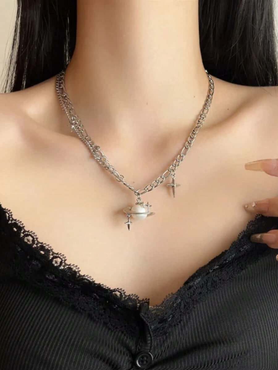 1pc Starburst Geometric Pearl Necklace, Niche Design Layered Double-Strand Fashion Choker For Men And Women - Multicolor - View 1