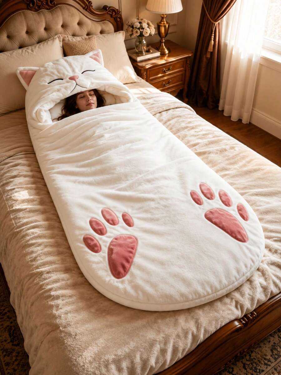 1pc Cute White Cat Adult Sleeping Bag, Hooded Full Body Sleep Sack With Cat Ears And Paw Prints, Soft Portable Bedding, Suitable For Bedroom Napping, Camping, Tent, Car, RV, Travel, Home And Indoor Rest - Multicolor - View 1