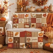 Autumn Pumpkin & Maple Leaf Pattern Cushion Cover 4pcs Set, Single-Sided Printed Peach Skin Velvet Polyester Material, 45*45CM/18*18inch Pillowcase Suitable For Room Decor, Modern Minimalist Sofa Living Room Decoration, Gift Giving, Party Decor - Multicolor - View 7