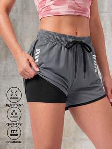 Celana Pendek Olahraga Wanita 2 In 1 dengan Lapisan Dalam, Celana Atletik 2 In 1 Warna Polos, Set Dua Potong Elastis, Celana Musim Panas Cocok Untuk Lari, Olahraga, Yoga, Kebugaran, Latihan - Dark Grey - View 1