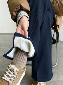 Women's Herringbone Banana Pants, Long Straight-Leg Trousers With Pockets And Slit Design, Suitable For Autumn/Winter Wear, Daily Commute Outfit - Royal Blue - View 4
