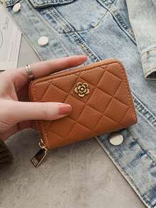 Large Capacity Accordion Card Holder Wallet With Zipper – Quilted Flower Design Multi Card Slots ID Badge Organizer For Women Girls - Brown - View 2