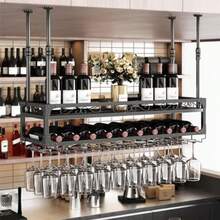 Ceiling Wine Glass Rack Hanging Wine Rack with Glass Holder and 2-Layer Shelf, Height Adjustable Industrial Hanging Wine Bottle Holder for Bar Cafe Ki - Bronce - Ver 3