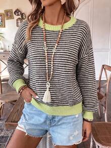 Women's Vintage Colorblock Striped Knit Sweater With Dropped Shoulders And Puff Sleeves, Winter Top For Casual, Commuting, Dating And Vacation Fall - Green - View 3
