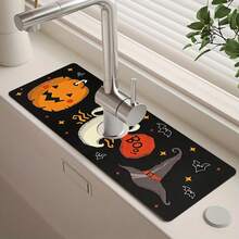 1pc Halloween Faucet Cover, Create Holiday Atmosphere, Bathroom Faucet Splash Guard, Waterproof Anti-Slip Faucet Pad, Kitchen Countertop Accessory, Kitchen Dining Table Accessory, Sink, Moisture-Proof Absorbent Pad, Absorbent Draining Pad, Ghost Pumpkin Pattern, Multi-Functional Absorbent Anti-Slip Pad - Multicolor - View 2
