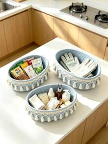XqYBB Handwoven Rope Oval Storage Basket, Small Hanging Woven Basket, Suitable For Living Room, Bedroom, Game Room, Can Store Snacks, DIY Rope Basket, Holiday Decor, Gifts, Toys, Back To School Season - White (Fringe) - View 24