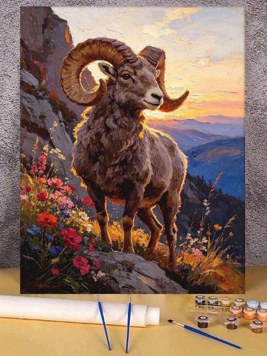 1pc Oil Painting By Numbers Kit, Goat DIY Art & Craft, Home Wall Decor, Canvas Oil Painting Decoration, Holiday Gift Includes Paintbrushes And Paints.