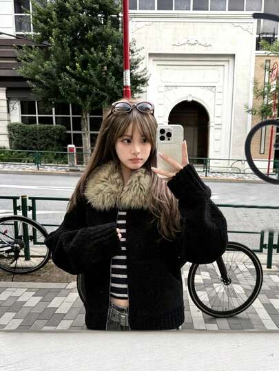 Custom Dyed Faux Fur Collar Small Grain Lamb Fleece Jacket Winter Black Fuzzy Winter Coat