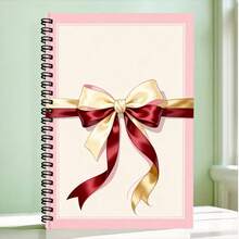 1pc Pink Edge Vintage Ribbon Bow Pattern Spiral Notebook, Gentle Girly Style Student Writing Notebook, School Use, Office Recording Essential, Back To School Must-Have - A - View 1