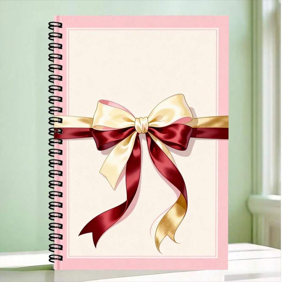 1pc Pink Edge Vintage Ribbon Bow Pattern Spiral Notebook, Gentle Girly Style Student Writing Notebook, School Use, Office Recording Essential, Back To School Must-Have - A - View 1