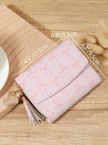 Fashion Bow Printed Women's Short Wallet, Portable Metal Heart-Shaped Tassel Decoration Three Fold Wallet, Suitable For Outdoor And Travel - Pink - View 7