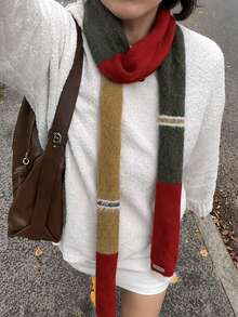 1PC Color Block Knit Slim Neck Scarf, Red Green Yellow Contrast Fringe Trim Small Scarf, Warm Neck Wrap For Street Outfit Holiday - Multicolor - View 1