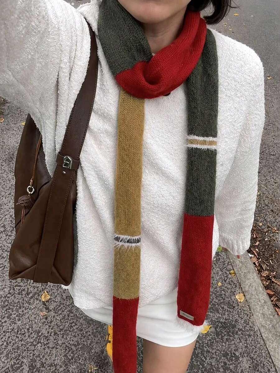 1PC Color Block Knit Slim Neck Scarf, Red Green Yellow Contrast Fringe Trim Small Scarf, Warm Neck Wrap For Street Outfit Holiday - Multicolor - View 1