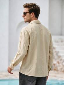 Mercer Haus Men's Henley Collar Long Sleeve Shirt Textured Striped Loose Casual Pullover Shirt - Apricot - View 2