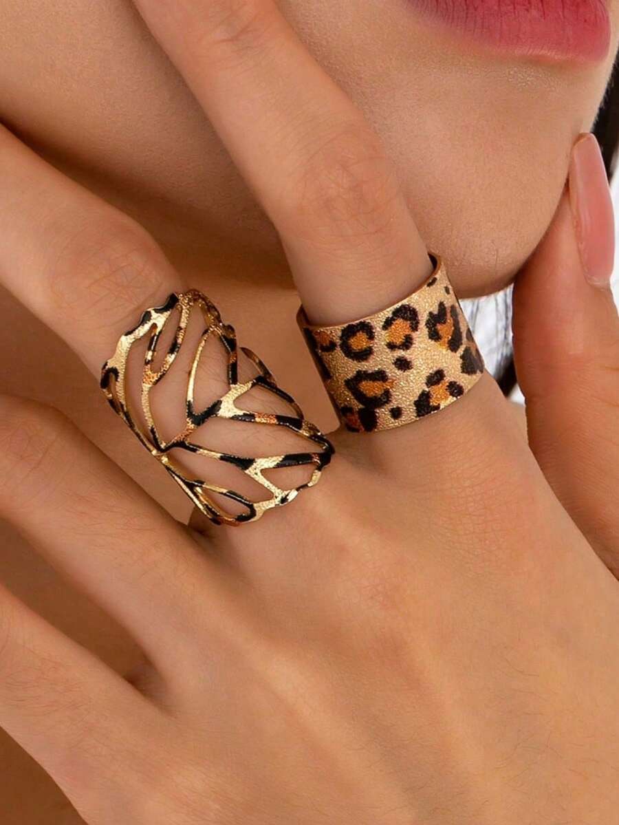 2pcs Fashionable Exquisite Elegant Retro Leopard Print & Leaf Combination Open Ring, Suitable For Women's Daily Wear - Multicolor - View 1