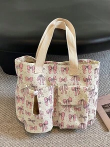 1件多用途大容量多口袋蝴蝶結圖案托特包，適合旅行、購物、度假，可收納筆記本電腦、教科書、衣物 - 彩色 - 查看 3