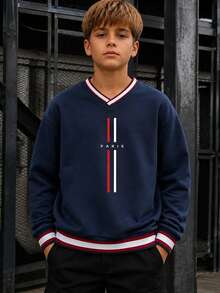 Tween Boy 1pc Contrast Color Print Crew Neck Sweatshirt, Unisex Kids' Clothing, Matching Outfits For Siblings, Best Friends, And Family, Long Sleeve Top For Young Students, Suitable For Autumn And Winter - Navy Blue - View 4