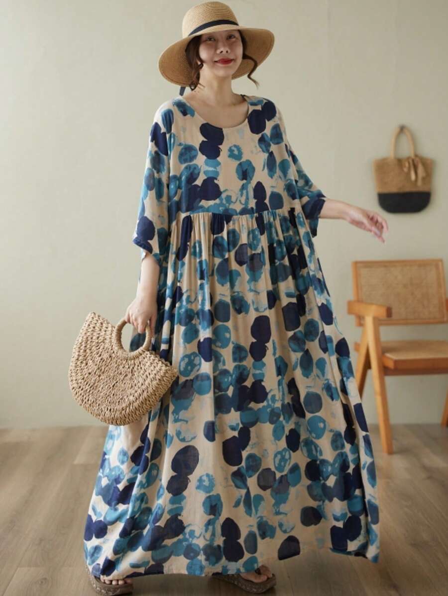 AZAH 萬聖節優雅舞會大尺碼夏季長洋裝,女款休閒 A 字版型百褶圓領蝙蝠袖附口袋 - 藍色 - 查看 1