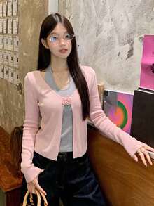 Sweater Rajut Leher Halter 2-in-1 Motif Bunga 3D untuk Wanita, Desain Musim Gugur/Dingin, Ramping, Elegan, Niche, Lengan Panjang, Atasan Pullover - Berwarna merah muda - View 3