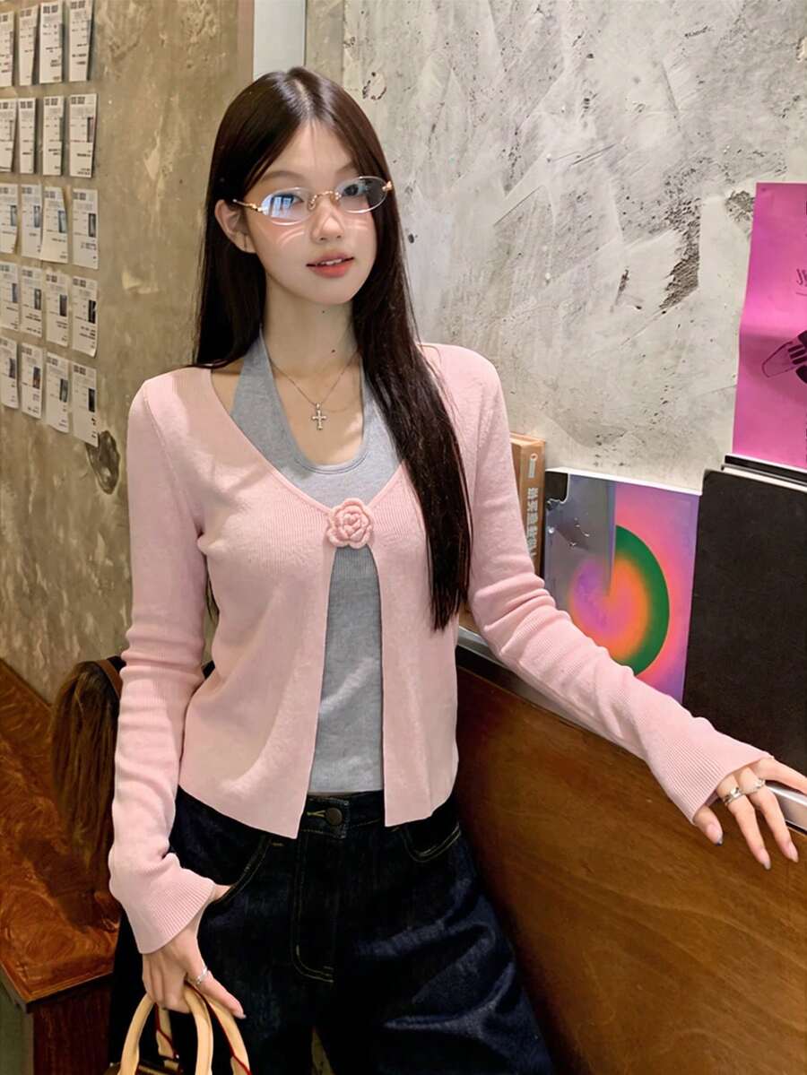 3D花卉 2合1掛脖針織毛衣 女款秋冬設計 修身優雅小眾長袖套頭上衣 - 粉色 - 查看 1