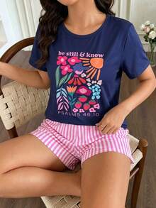 2pcs Women's Floral Plant English Healing Print Short Sleeve Top And Shorts Set, Comfortable Classic Crew Neck, Exquisite Soft Skin-Friendly Breathable Knit Fabric, Pullover Design Easy To Put On And Take Off, Soft Pink And White Vertical Stripes, Elastic Waistband, Loose Fit, Flattering For All Body Types, Suitable For Daily Wear, Lounging, Outings, High-Value Women's Pajama Set, All-Season Casual Homewear - Multicolor - View 10
