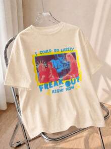 Cream Friends Oversized Short Sleeve Tee, Retro Color Frame Phoebe Monica Rachel Portrait Freak Out Slogan Print Loose Casual Top Summer - Apricot - View 1