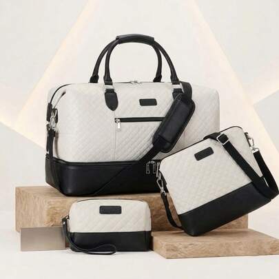 Set da viaggio 3 pezzi, grande capacità, borsa a spalla/tracolla alla moda, beauty case con scomparto per scarpe, bagaglio a mano per viaggi di lavoro e weekend