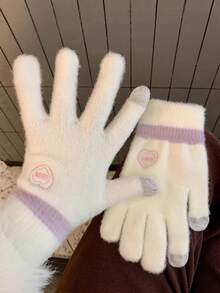 Girl Style Heart Embroidery Touchscreen Knit Gloves, Unisex Autumn/Winter Colorblock Soft Thick Warm Fingerless Gloves For Daily Outdoor Cycling Commuting Cold Protection Wrist Guard - Multicolor - View 2