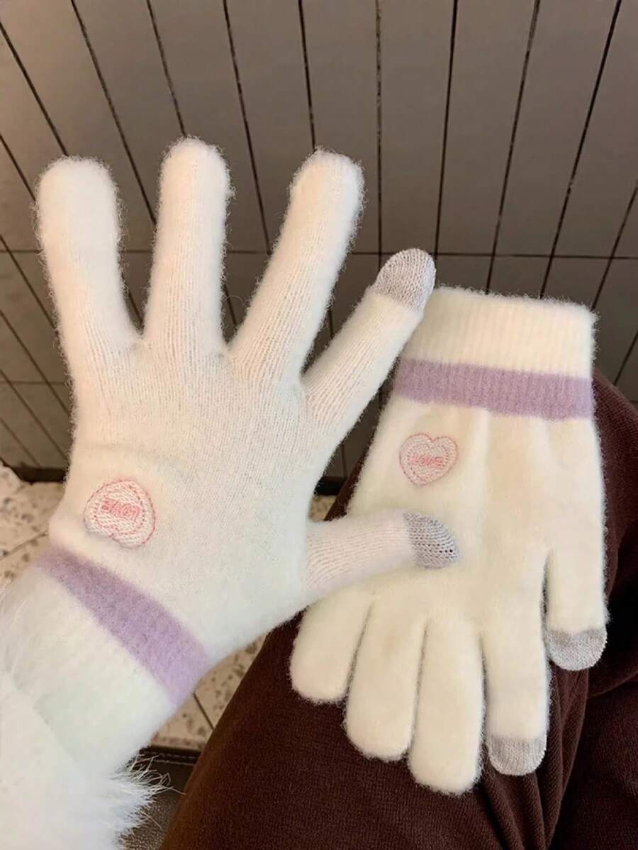 Girl Style Heart Embroidery Touchscreen Knit Gloves, Unisex Autumn/Winter Colorblock Soft Thick Warm Fingerless Gloves For Daily Outdoor Cycling Commuting Cold Protection Wrist Guard