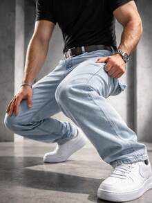 Men's Relaxed Baggy Pants With Custom Back Embroidery - Baby Blue - View 1