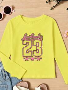 Girls Cotton Raglan Long Sleeve Tee, Autumn Winter Sporty Style With LA Graphic And Star Print, Cute Sweet Preppy Look - Bright Yellow - View 3