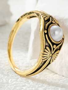 Gmzalx Vintage Embossed Ring With Faux Pearl Round Main Stone, Bohemian Style Handmade Fashion Jewelry For Women - Gold - View 6