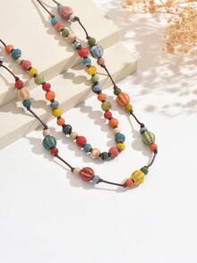 1 Set 2pcs Exotic Vintage Bohemian Colorful Mixed Bead Layered Necklace Set, Suitable For Women's Daily Wear, Vacation, Travel, Atmospheric Accessory - Color - View 6