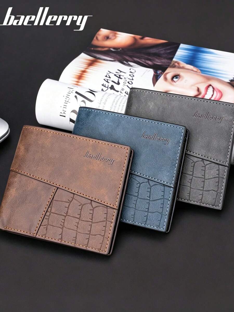 European & American Vintage Patchwork Crocodile Embossed PU Leather Men's Horizontal Short Wallet Card Holder - Multicolor - View 1