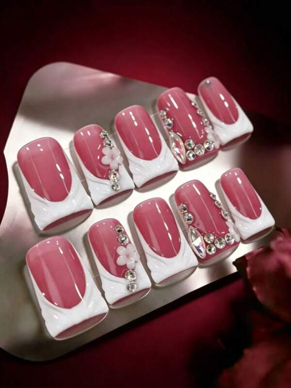 10pcs Handmade Nail Art Stickers Set, Bride Rose Grey Pink 3D Carved White French Tip 5-Petal Flower Almond Shape AB Crystal Short Duck Nail Removable Fake Nails