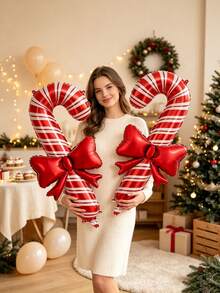 5pcs 32 Inch Red & Pink Candy Cane Shaped Foil Balloons With Pink Bows, Christmas Party Decoration Toy Balloons - View 1