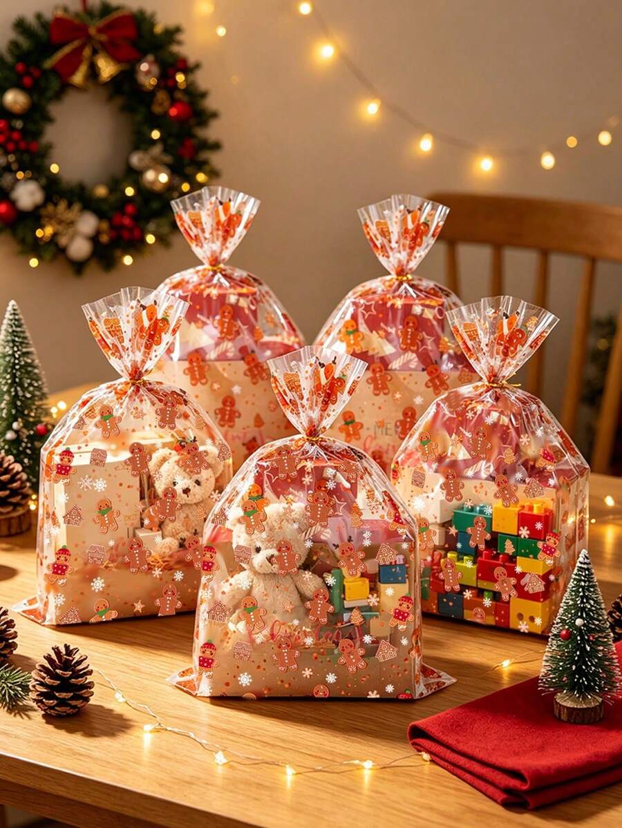 10/30pcs Christmas Transparent Cellophane Gift Bags, Gingerbread Man Pattern Design Christmas Candy Bags, Christmas Gift Bags, Christmas Gift Basket Packaging Bags, Merry Christmas Party Supplies, Baby Christmas Gift Bags, Christmas Tabletop Decorations, Christmas Home Decor, Christmas Room Decor, Christmas Decorations, Christmas Gifts, Party Fillers, Party Favors, 2027 New Year