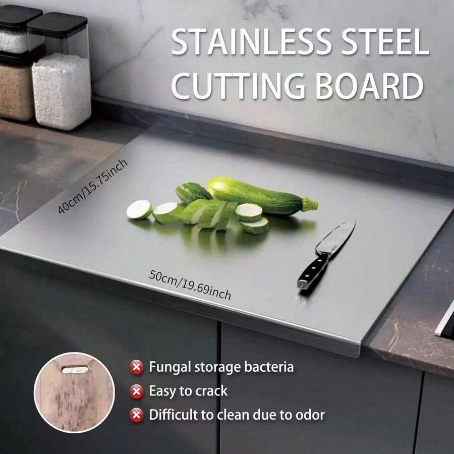 1pc Large 304 Stainless Steel Cutting Board, Kitchen Essential, With Lid And Non-Slip Pad, Suitable For Countertop, Can Be Used For Cutting Meat, Vegetables, Bread And Baking, Kitchen Tool Accessory Gift For Family