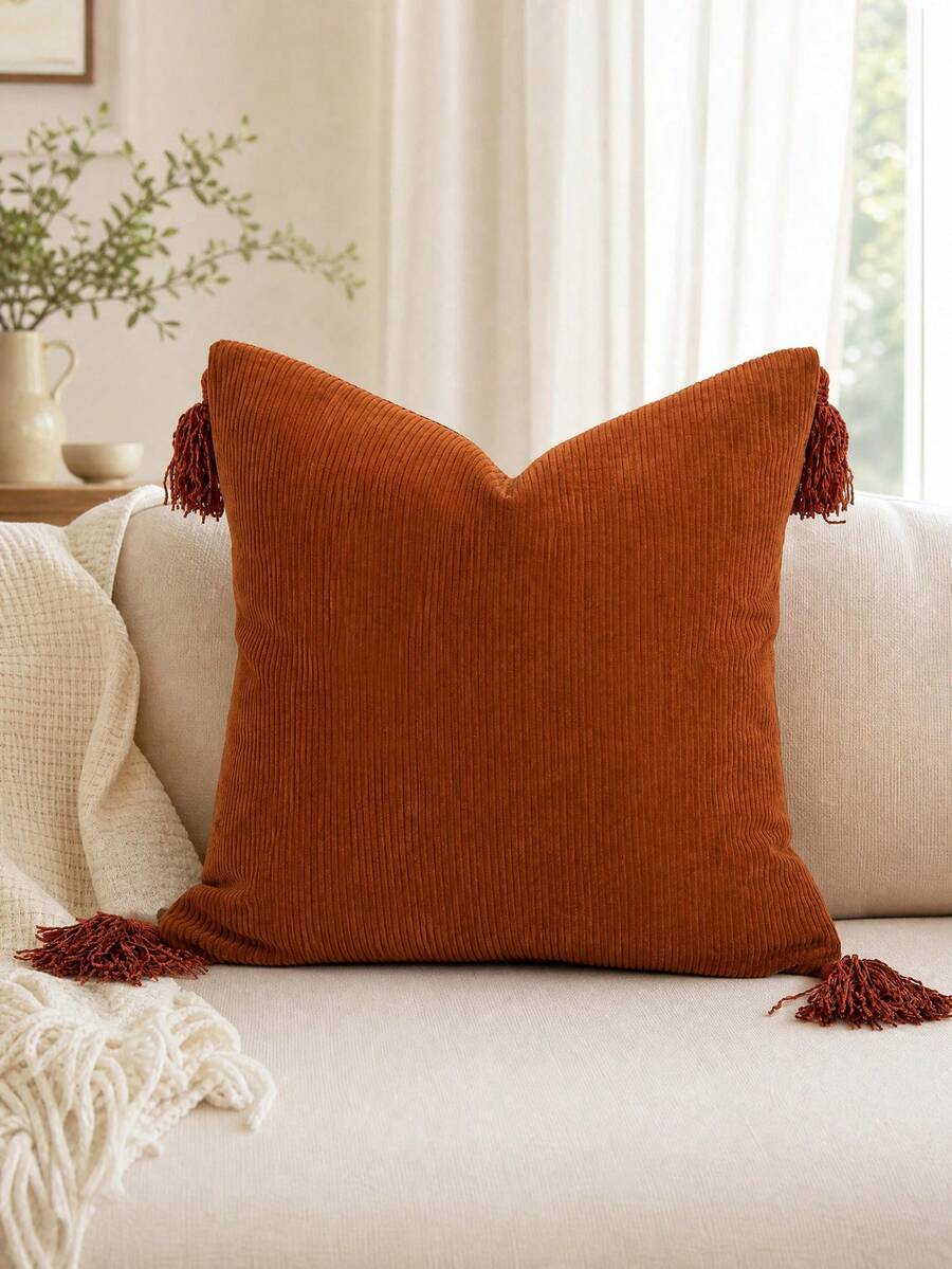 1pc Solid Color Ribbed Corduroy Fabric Pillow Case, Modern Style Polyester Fiber Square Cushion Cover Suitable For Living Room Home Use - Coral Orange - View 1
