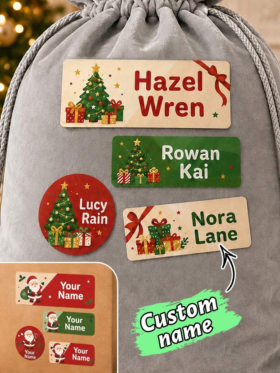 Custom Christmas Name Stickers, Personalized Gift Labels, Festive Santa Christmas Tree Style, Customized Holiday Stickers, Customizable Gift Wrapping Labels, Christmas Party Decor, Stocking Gift Seals, Christmas Decorations, Family And Friends - Multicolor - View 1