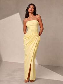 VIPGIRL Yellow Strapless Evening Dress Ruched Corset Drape Front Split Backless Lace Up Bodycon Floor Length Prom Party Formal Wedding Guest Maxi Dress - Yellow - View 3