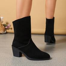 Women Solid Black Faux Suede Mid‑Calf Boots Round Toe Chunky Block Heel Slip‑On Winter Casual Shoes - Black - View 5