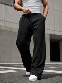 Men's Double Waistband Wide Leg Sweatpants, Fleece Lined, Drawstring Elastic Waist, Casual Loose Fit With Pockets, Streetwear Style For Daily Wear - Black - View 1