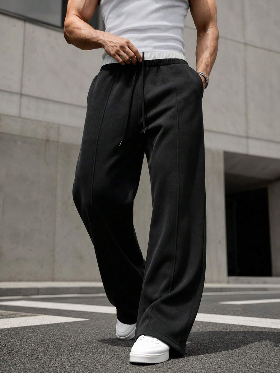 Men's Double Waistband Wide Leg Sweatpants, Fleece Lined, Drawstring Elastic Waist, Casual Loose Fit With Pockets, Streetwear Style For Daily Wear - Black - View 1